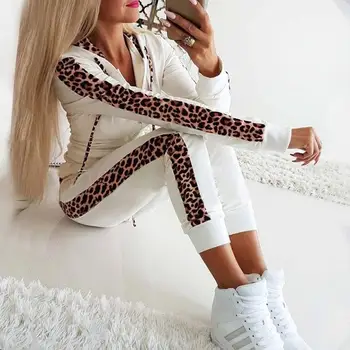 

Autumn Winter Fashion Casual Suit Tracksuit Women Splice Fleece Leopard Print Coat Two Pieces Set Hoodies Long Pants Casual Suit