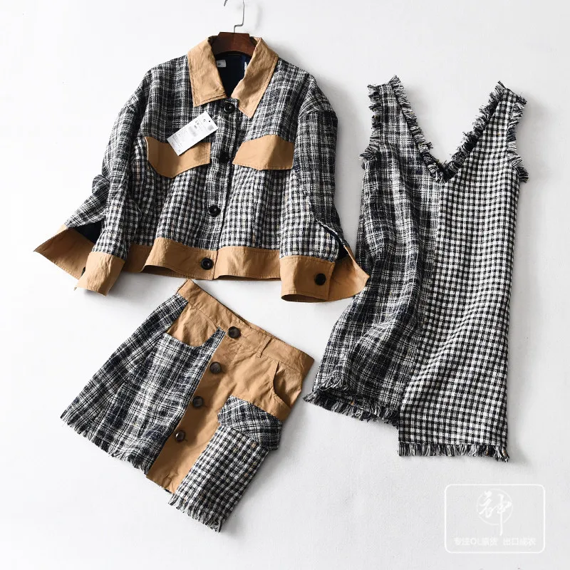 

A Generation of 2019 Spring Plaid Stitching Jacket + Vest Dress + Skirt WOMEN'S Suit Entities