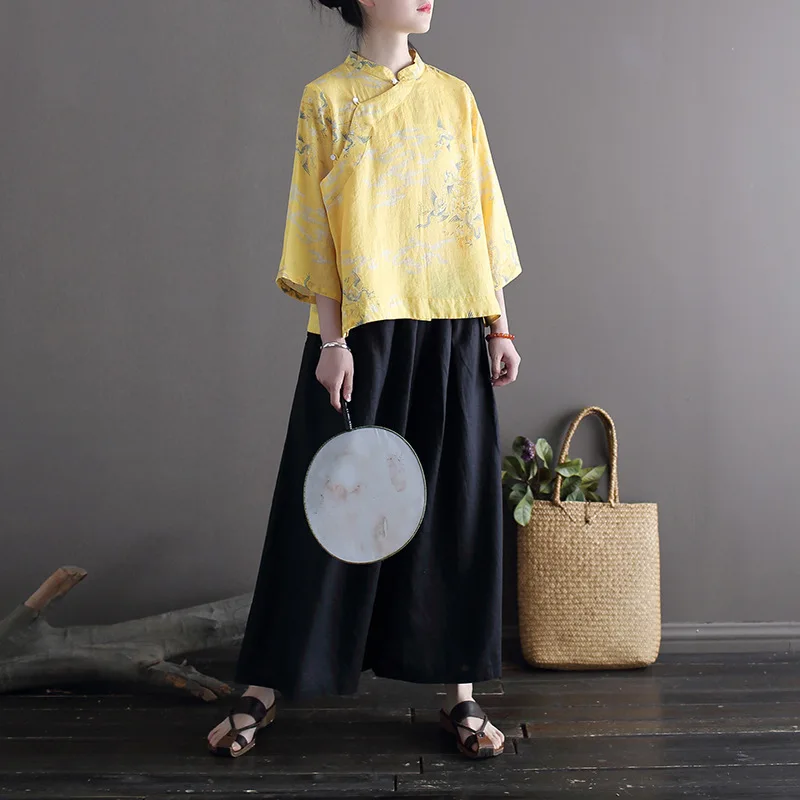 Women Loose Ramie Printed Shirt Tops Ladies Print Ramie Blouse Female 2020 Summer Ramie Stand Collar Shirts 2