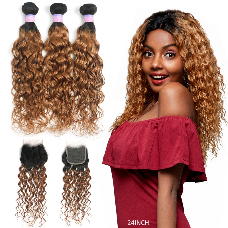 

T1B/27 Water Wave Bundles With Closure 4x4 Ombre Brown Brazilian Human Hair Weave Bundles With Closure Non-Remy KEMY HAIR