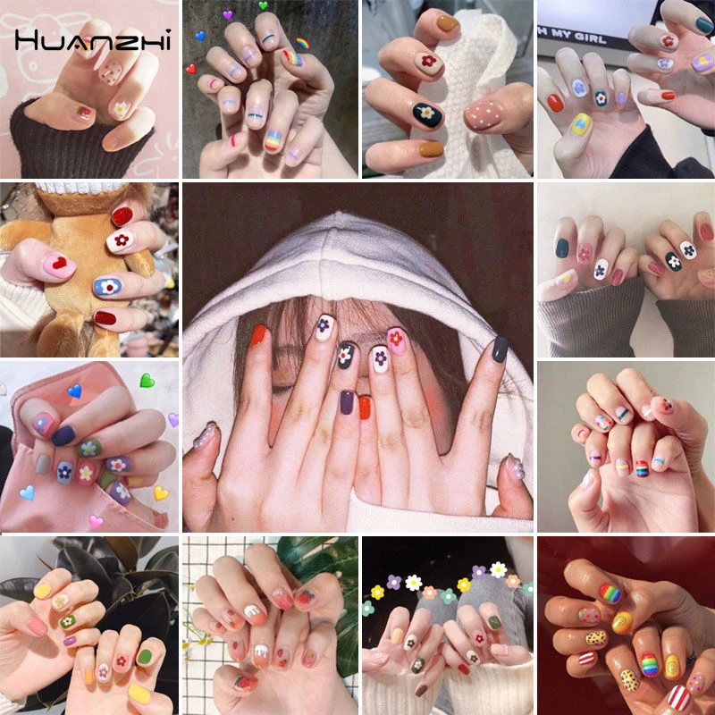 

HUANZHI 2019 Summer Sweet Cute Colorful Flower Nail Sticker Waterproof Design Nail Decals For Women Girls Party Travel Jewelry