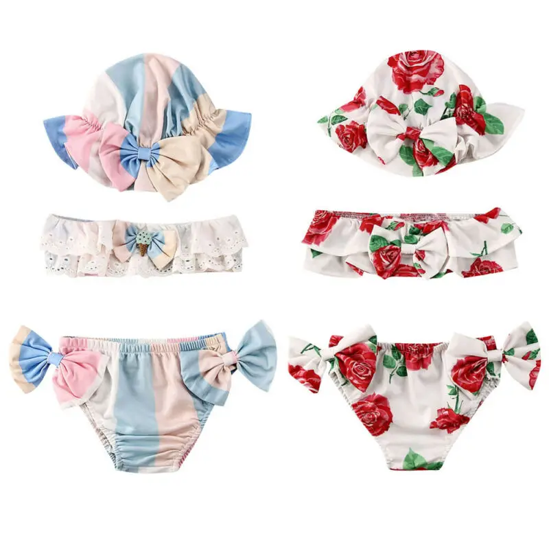 2020 Fashion Summer Swimwear Kids Baby Girls Floral Print Swimsuit Bathing Swimming Suit Gilrs Holiday Bikini Set Hat | Мать и ребенок