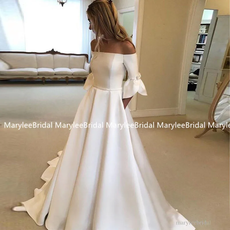 

2020 New Off Shoulder White Ivory Wedding Dresses Half Sleeves Bridal Gowns With Pockets Simple Satin Brazilian Vestido De Novia