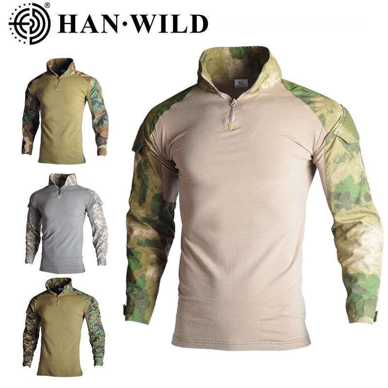 Military Army T-Shirt Men Long Sleeve Camouflage Tactical Shirt Hunt Combat Multicam Camo Long Sleeve T Shirt with Elbow pads