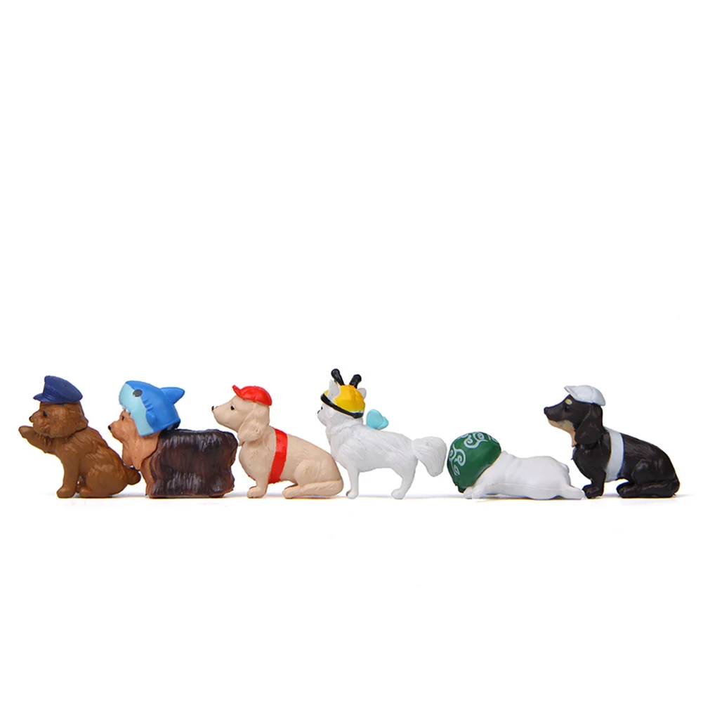 6Pcs Cute Hat Dog Puppy Model Figurine Desk Decor Miniature Landscape Accessory