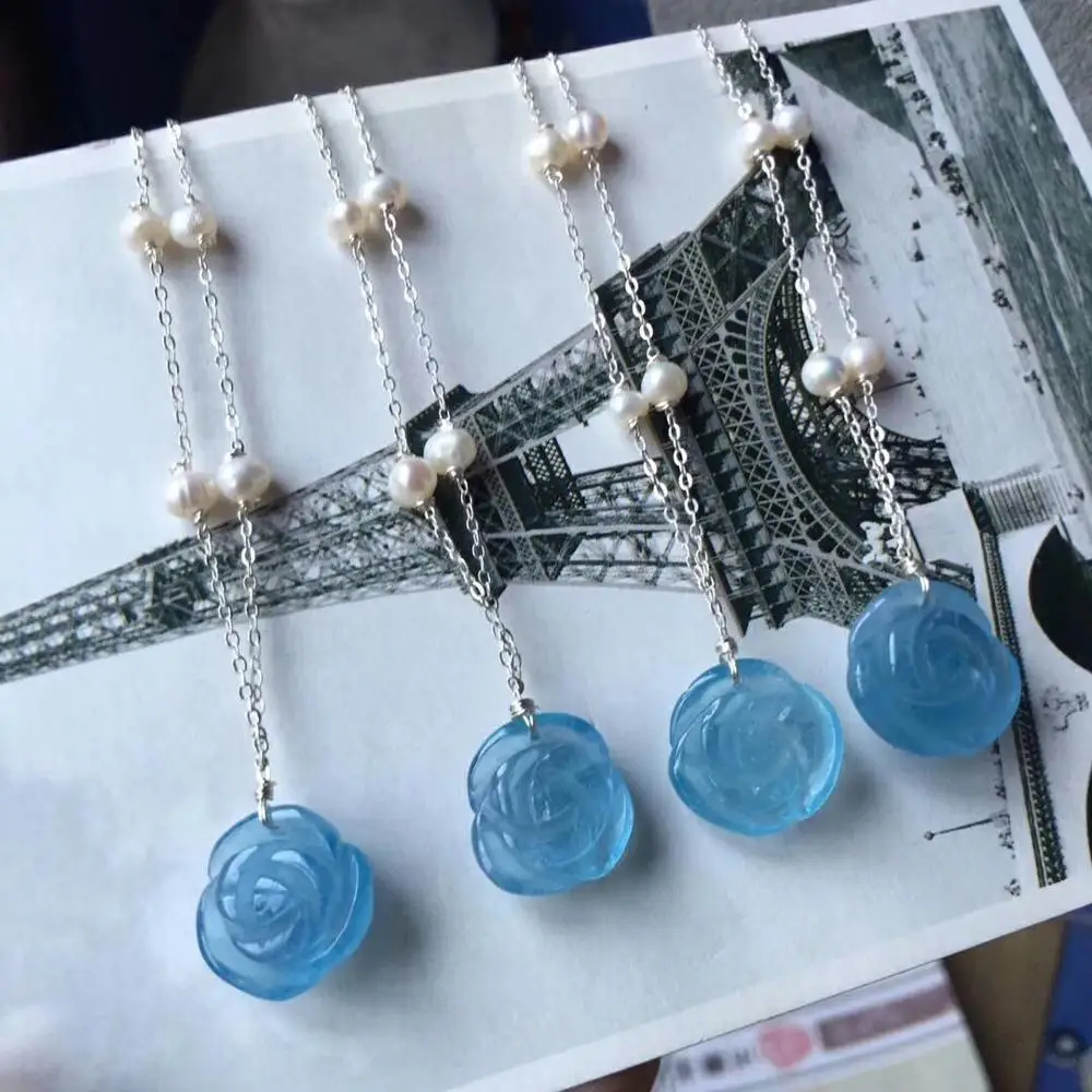 

100% Natural Blue Aquamarine Flower Pendant 16x15mm Crystal Pearl Women Men Fashion Stone Healing Best Stone Pendant AAAAA