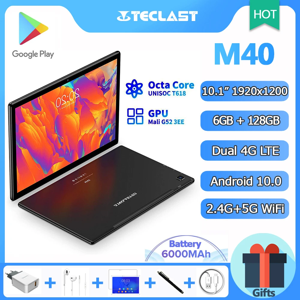 Teclast M40 Tablet 10,1 pulgadas Octa Core CPU Android 10,0 OS 6GB RAM 128GB ROM contra salpicaduras y bandeja para viruta, lámina de acero 1920mm para 1200 FHD 4G FDD LTE 5G WiFi GPS tipo-C