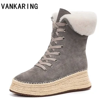 

high quality natural suede leather fur women winter boots warm plush inside snow boots shoes woman platform wedge casual shoes