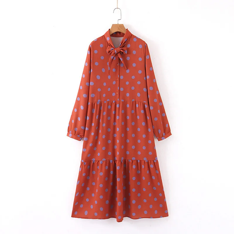 

2019 New Design Women's Dot Print Bow Knot Ribbon Long Sleeve Big Sweep Long Dress