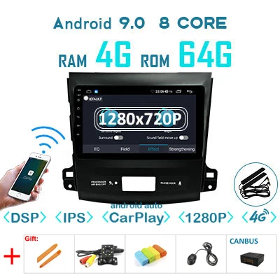 1280P Android 9,0 Carplay 4G 64G gps радио для Mitsubishi Outlander xl 2 2005-2011 peugeot 4007 Citroen C-Cross без DVD плеера - Цвет: 4G64G 1280 carplay-C