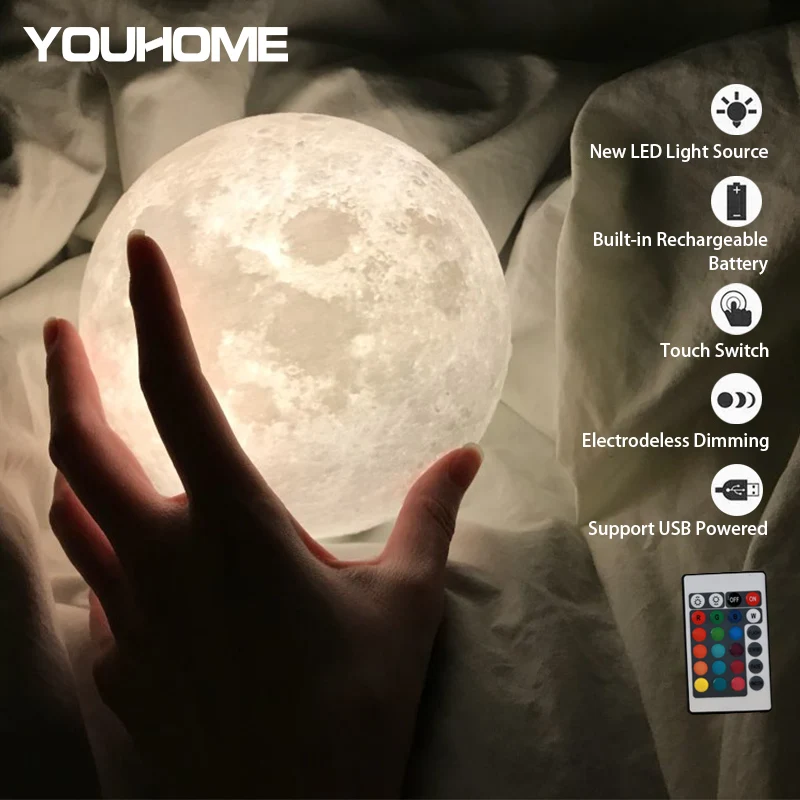 

3D print moon lamp night light USB Rechargeable For the house Color Remote Control lampara Decor gift nightlights Free Shipping