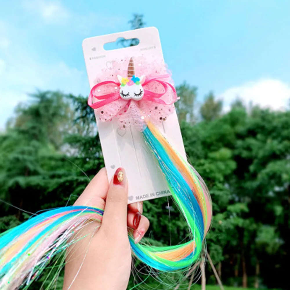 New Girls Lovely Gradient Colorful Unicorn Wigs Hairpins Princess Hair Ornament Headband Hair Clips Barrettes Kids Hair Accessor