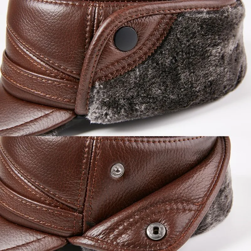 SILOQIN Men's Winter Bomber Hats Natural Genuine Leather Caps for Men gorras Fur Warm Earmuffs Hat Anti-cold Cowhide Leather Cap winter hat,fashion hat,fur hat,earflap hat