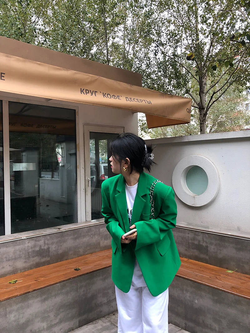 Shengpalae Outono Feminino Blazer Verde Moda um Botão Design Gola Siut Tamanho Grande Casual Manga Longa Terno Cabolsa Zc185 2021 14 High Quality Moda Feminina