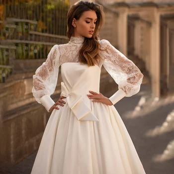 

Eightree Long Sleeve Lace Wedding Dresses Satin 2 Pcs Bridal Dress High Nech A-line 2020 Wedding Gown Plus Size Vestido de Noiva