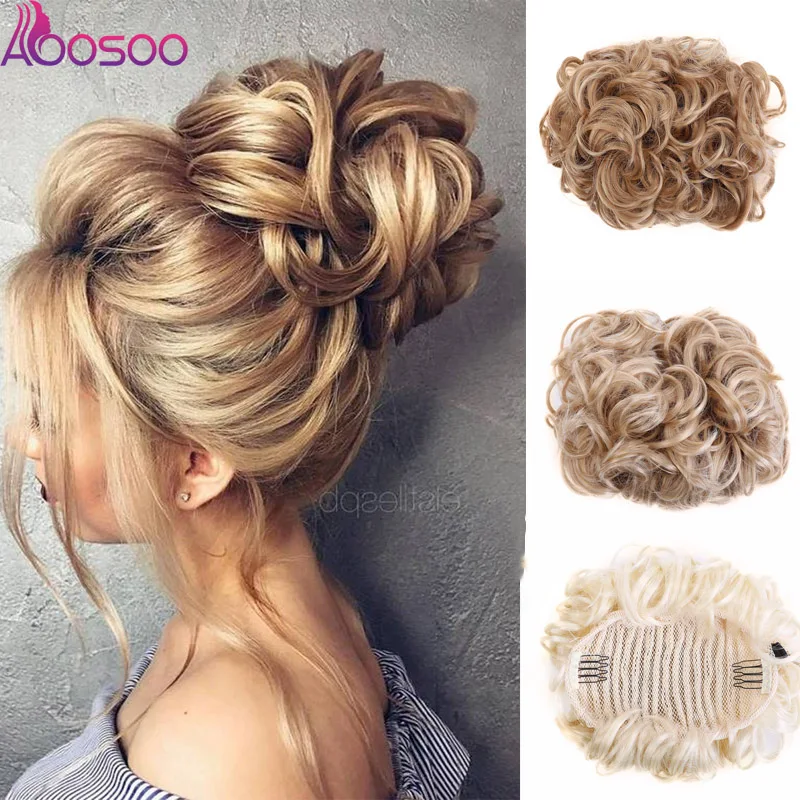 

Short AOOSOO Curly Chignon Women's Synthetic Hair Bun Black Brown Hair Extension With Chignon Rubber band Combs in Hairpiece