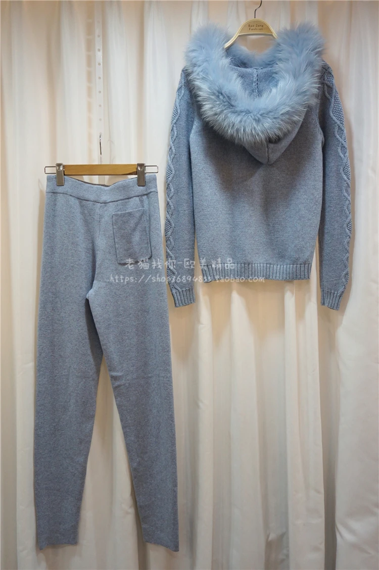 light blue suits Роскошный комплект из двух предметов, большой натуральный мех, кашемир, шерсть, костюмы для женщин, бисер, норка, кашемир, вязаный пуловер, меховые Топы+ шерстяные штаны, комплекты F654 - Цвет: light blue suits