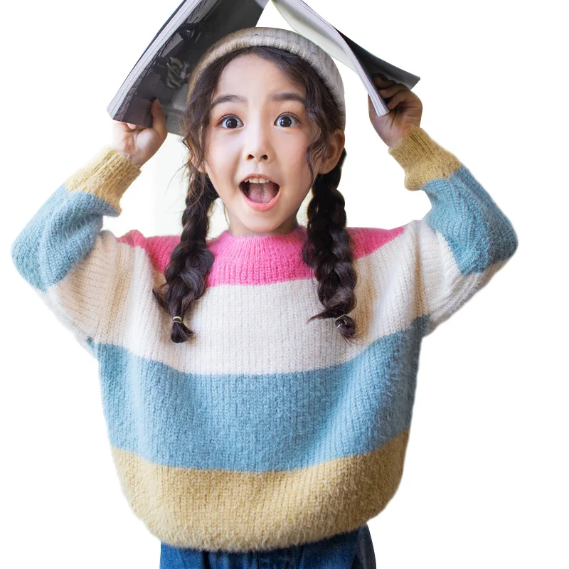 

2019 Winter Girls Baby Sweater Pullovers Striped Knitted Pullover Rainbow Sweater For Girl Kids Loose Sweaters Girls Clothes