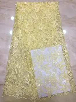 

High Quality African Lace Fabric Net 2019 French Lace Fabric Tulle With Sequins Nigerian Lace Fabric For Wedding Yellow