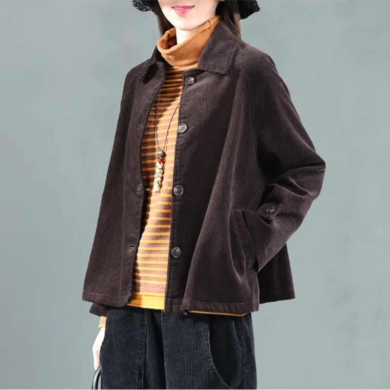 Dark Brown Осеннее пальто вельветовые куртки для женщин Свободные винтажные обычные повседневные пальто женские с Amy зеленый кофе A0B2Z40 - Цвет: Dark Brown