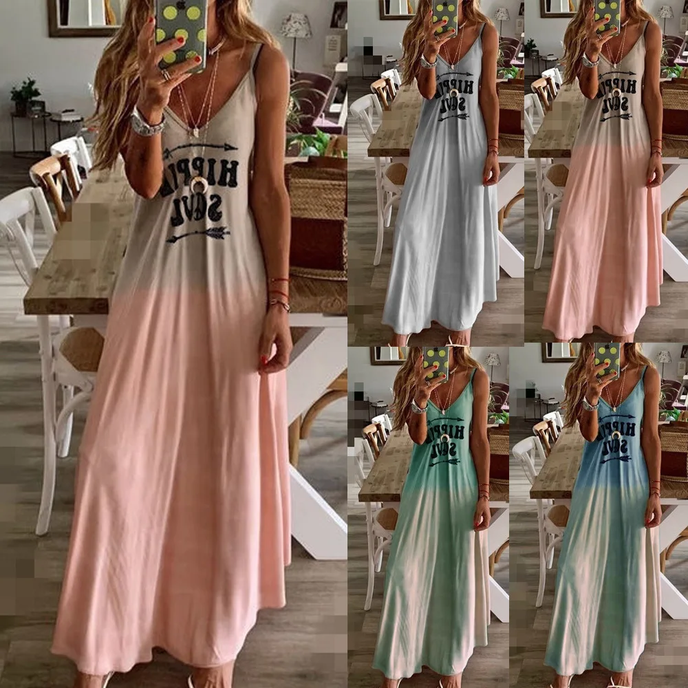 2020 Women Summer V Neck Print Letter Long Dress Sexy Spaghetti Strap Loose Party Boho Beach Casual Dresses Plus Size 6XL | Женская