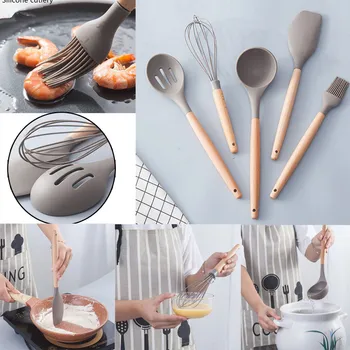 

Kitchen Tool Wooden Handle Silicone Kitchen Tool Egg Beater Oil Brush Spatula Soup Spoon Colander Kitchen Cooking Tool #YL5