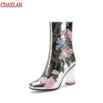 

CDAXILAN new to women's boots gneuine cow leather metal decoration side zipper square round high heel toe sivler
