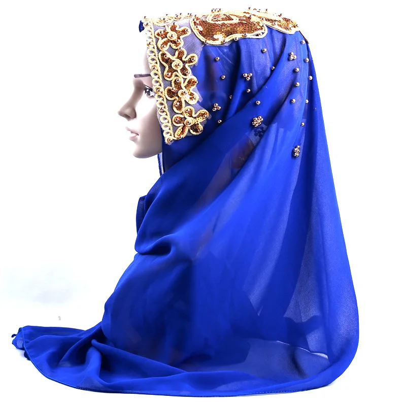 Beading Sequins Floral Muslim Head Scarves Chiffon Long Shawl Women Beautiful Wedding Hijabs Headscarf Arab Turban Head Wraps