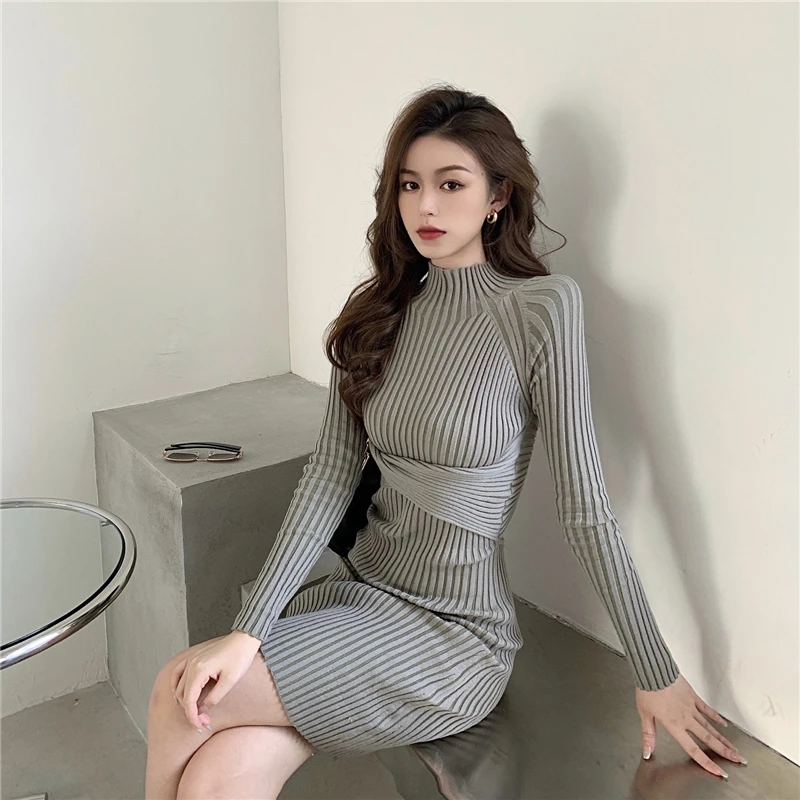 Fashion Design Sexy Backless Waist Show Thin Temperament High Collar Buttock Bottom Knitted Dress Women Autumn Winter