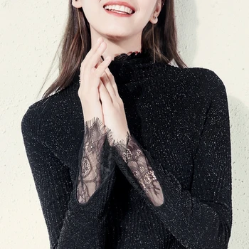 

Winter Warm Sweater Plus Size Shiny Sweater Women Turtleneck Eyelash Lace Patchwork Flare Sleeve Sweaters Pullover Knitting Tops