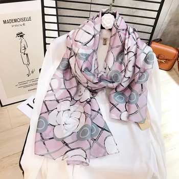 

Spring 2020Korean printed women's silk scarf,beach sun shawlCamellia silk scarf Printed Plaid silk scarf fashion trend headscarf
