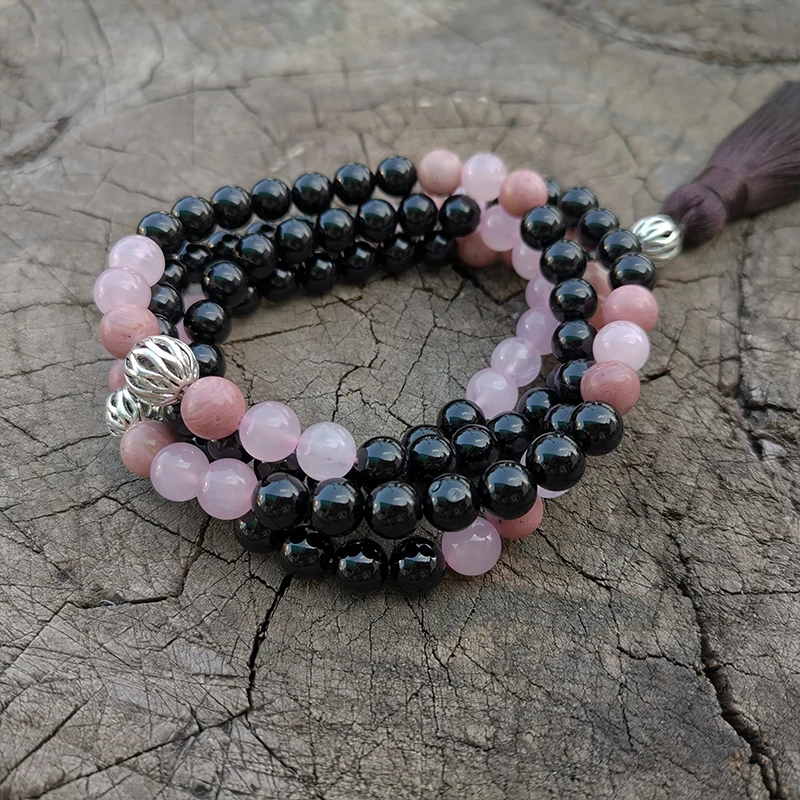 8mm Rhodrochrosite,Rose Quartz Japa Mala Set,Warmth,Meditation Mala,Namaste Yoga Jewelry,Buddhist Mala Prayer Bead,108 Bead