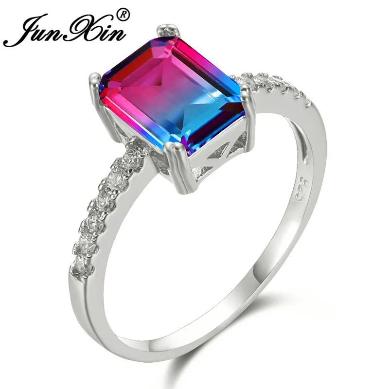 Rose Red Blue Ring Минималистичное женское кольцо с квадратным радужным огненным кристаллом, 925 серебро, разноцветный синий красный, зеленый камень, обручальные кольца принцессы для женщин - Цвет основного камня: Rose Red Blue Ring
