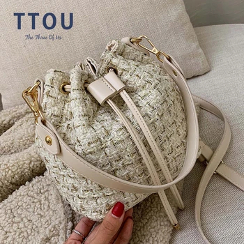 

TTOU Brand high quality designer bucket bag wool handbags beading lady purses clutches messenger chain small totes korean style