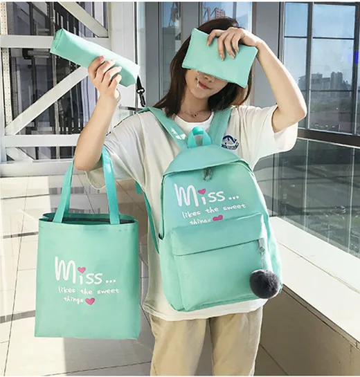4pcs/set Children Bags Teenage Students Zipper Shoulder Canvas Backpacks Girls School Backpack Kids Letters Printing Women | Дом и сад