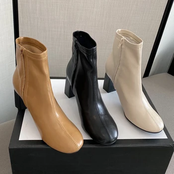 

2020 Winter INS Luxury Women Thick High Heels Ankle Boots Lady Beige Heels Chelsea Boots Beige Nude Heels Warm Fur Boots Shoes