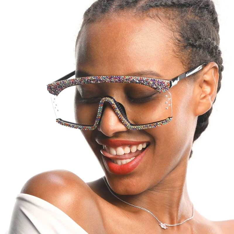 

Oversized Sunglasses Women Luxury Gravel Rhinestone Clear Lens Sun Glasses Men Female Bling Stones One Piece shade for women
