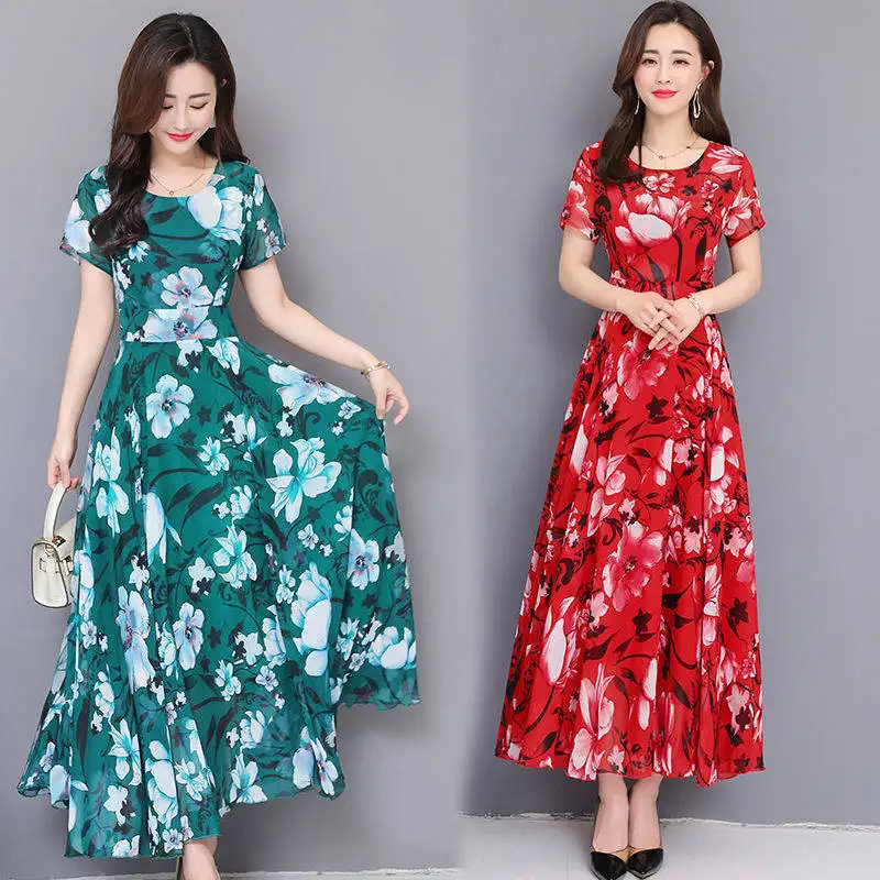 

Spring Summer New Style Korean-style Slim Fit Printed Large Size Dress Mid-length Casual Beach Skirt Middle-aged WOMEN'S Apparel