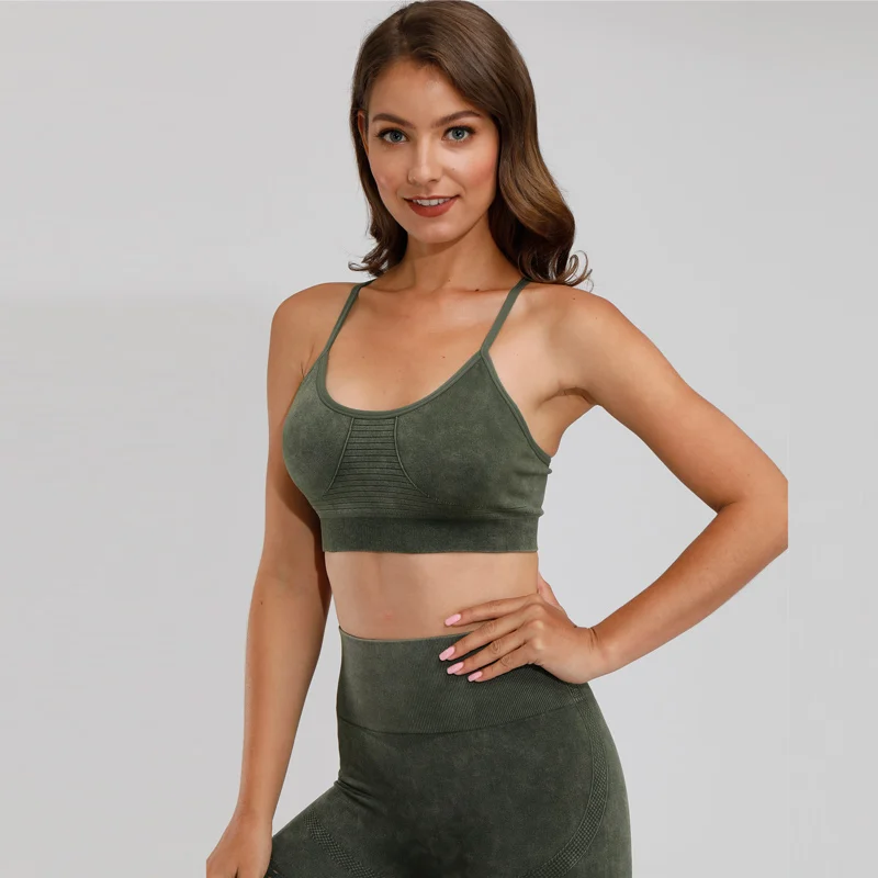 2PCS Retro Yoga Set Sports Wear For Women Workout Gym Clothes Seamless Leggings+Sports Strappy Bra Workout Fitness Sports Suit