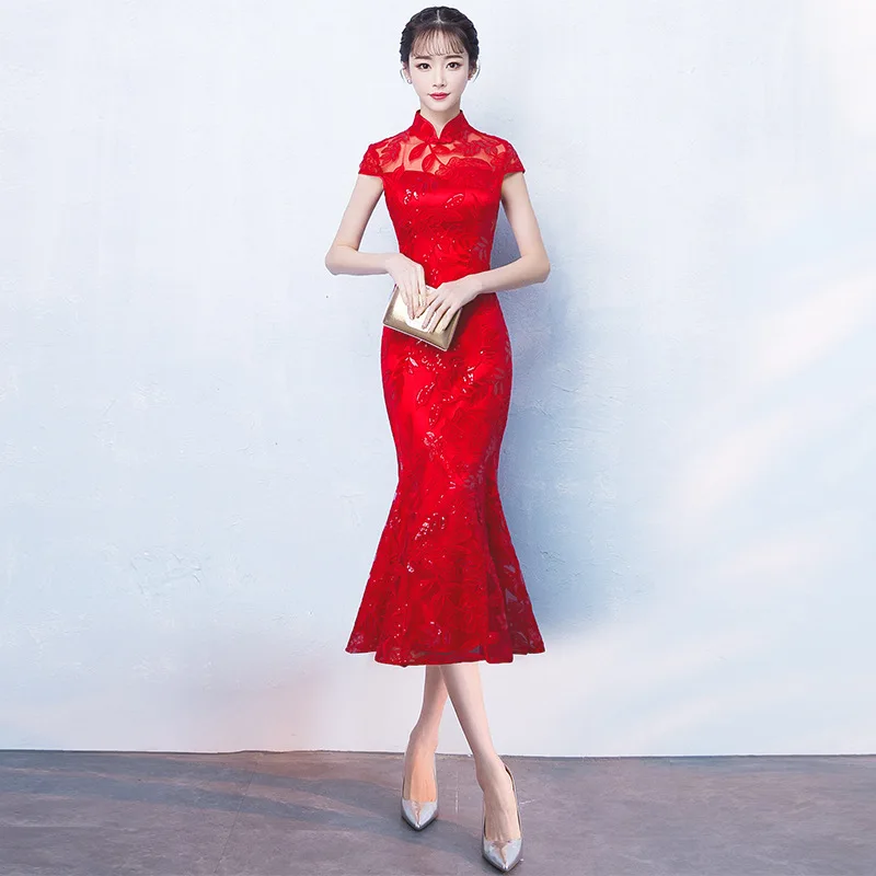 Cheongsam ретро полная длина cheongsam Классический Мандарин платье для выпускного вечера Длинная юбка Китай красный сексуальный Восточный Костюм
