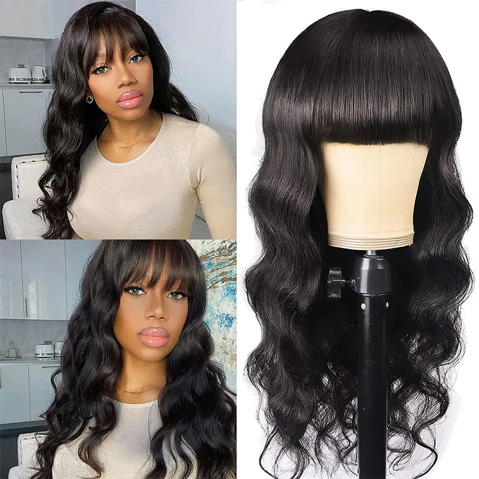 

Парик полностью машинной работы с челкой, парик с длинными волнистыми волосами, бразильские парики из человеческих волос для чернокожих женщин, без клея, Remy, естественный цвет