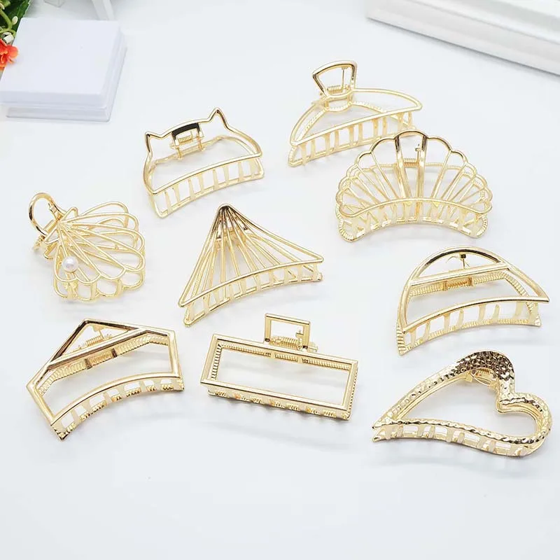 

Large fashion ins alloy Hair Claw Clips Metallic Gold Hollow Out Geometric Ponytail Holder Clamp Seashell Barretteses Headwear