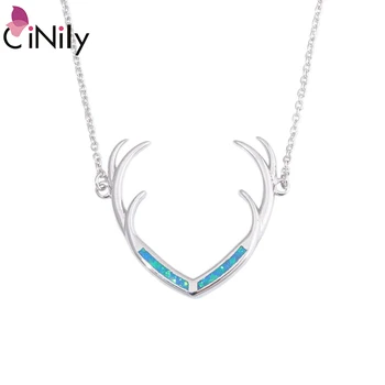 

CiNily Blue Fire Opal Stone Antlers Necklaces & Pendants Silver Plated Chokers Chain Elk Deer Horn Chic Korean Jewelry Lady