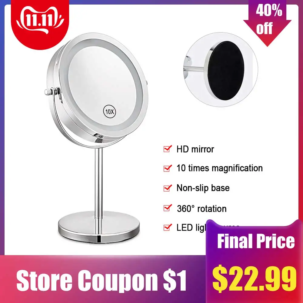 Achat 7 pouces 10x Grossissement Circulaire Maquillage Miroir Double 2 Face Forme Ronde 17 Led Rotatif Cosmétique Miroir Loupe Miroir
