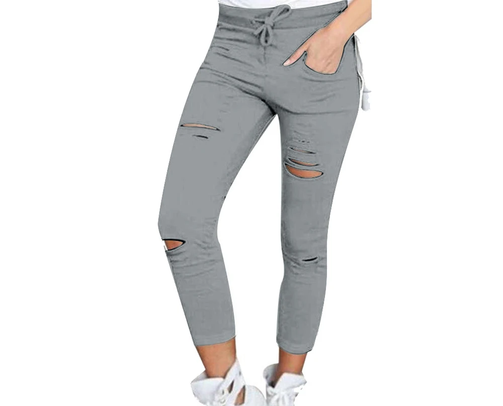 Новые обтягивающие джинсы женские измельченные брюки с высокой талией женские брюки женские леггинсы рваные спортивные брюки черные рваные джинсы - Цвет: Серый