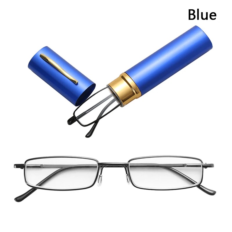 Slim Tube Cases Reading Glasses Men Women Metal Small Frame Clear Lens Portable Hangable Pocket Presbyopic Glasses Accessories - Цвет: Blue 2