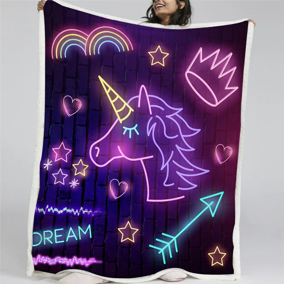 Blesslive Фиолетовый единорог пледы одеяло для кроватей светящийся Пушистый одеяло разноцветный плюш покрывало Радужный неоновый свет постельные принадлежности