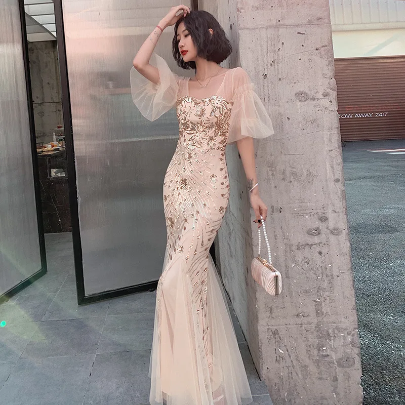 

Noble Golden Sequined Mermaid Puff Sleeve Evening Dress Aura Queen Elegant Banquet Dress Long Ladies Host Prom Dress A061