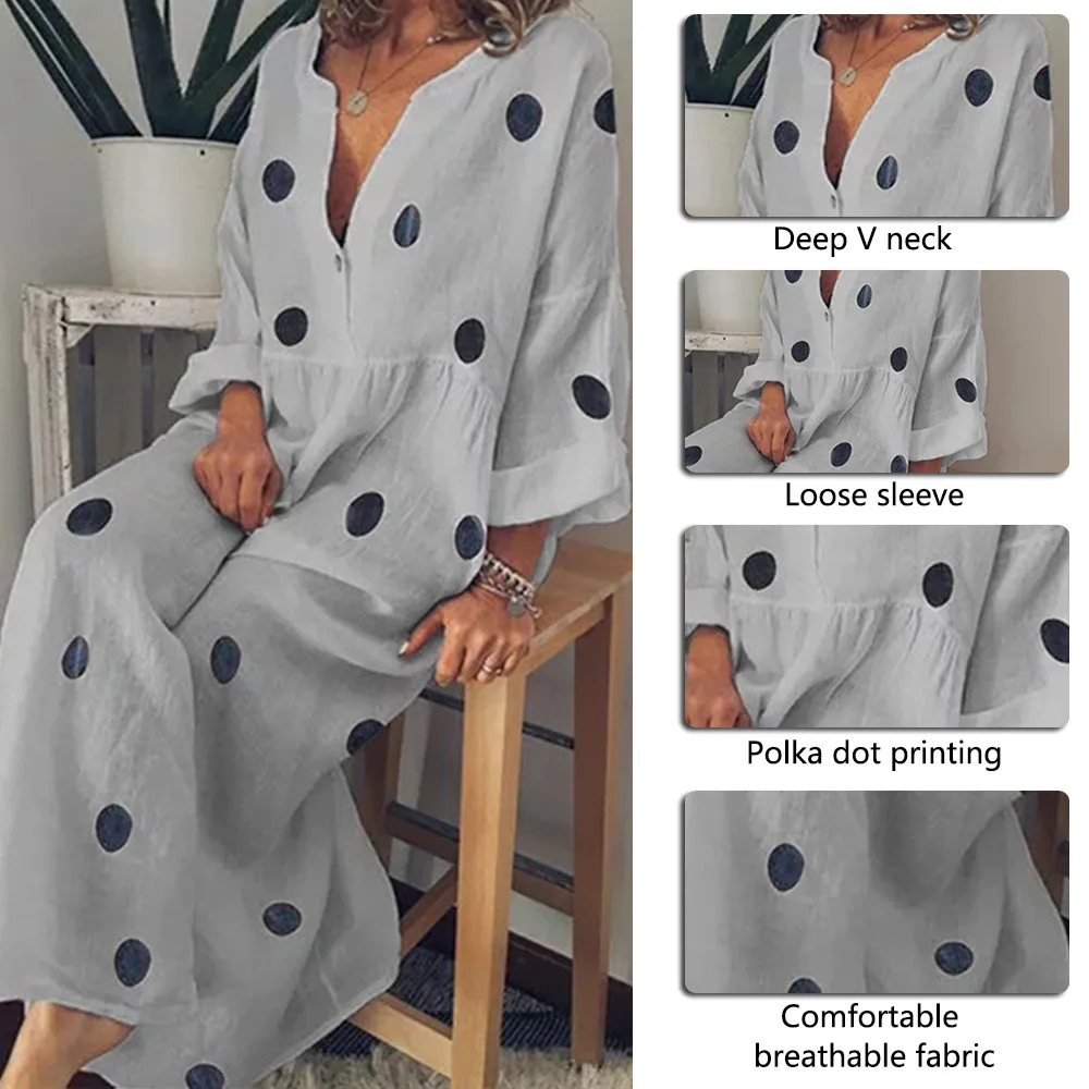 LOOZYKIT Oversized Women Polka Dot Dresses Casual Loose Seven Quarter Sleeve Boho Maxi Dress Sexy V Neck Vintage Beach Dress