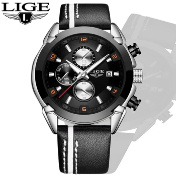 

2020LIGE New Fashion Mens Watches Top Brand Luxury Leather Big Dial Military Quartz Watch Waterproof Sport Chronograph Watch Men